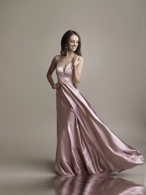 Pink satin V-neck Fine Shoulder Strap Evening Dress