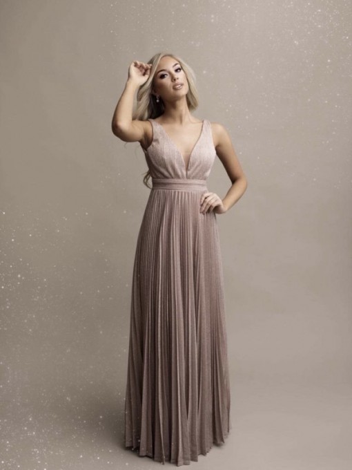 Champagne V-neck Glossy Pleated Evening Dress