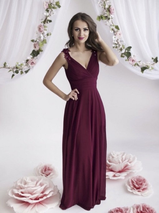 Evening dress with flower on the strap in red wine